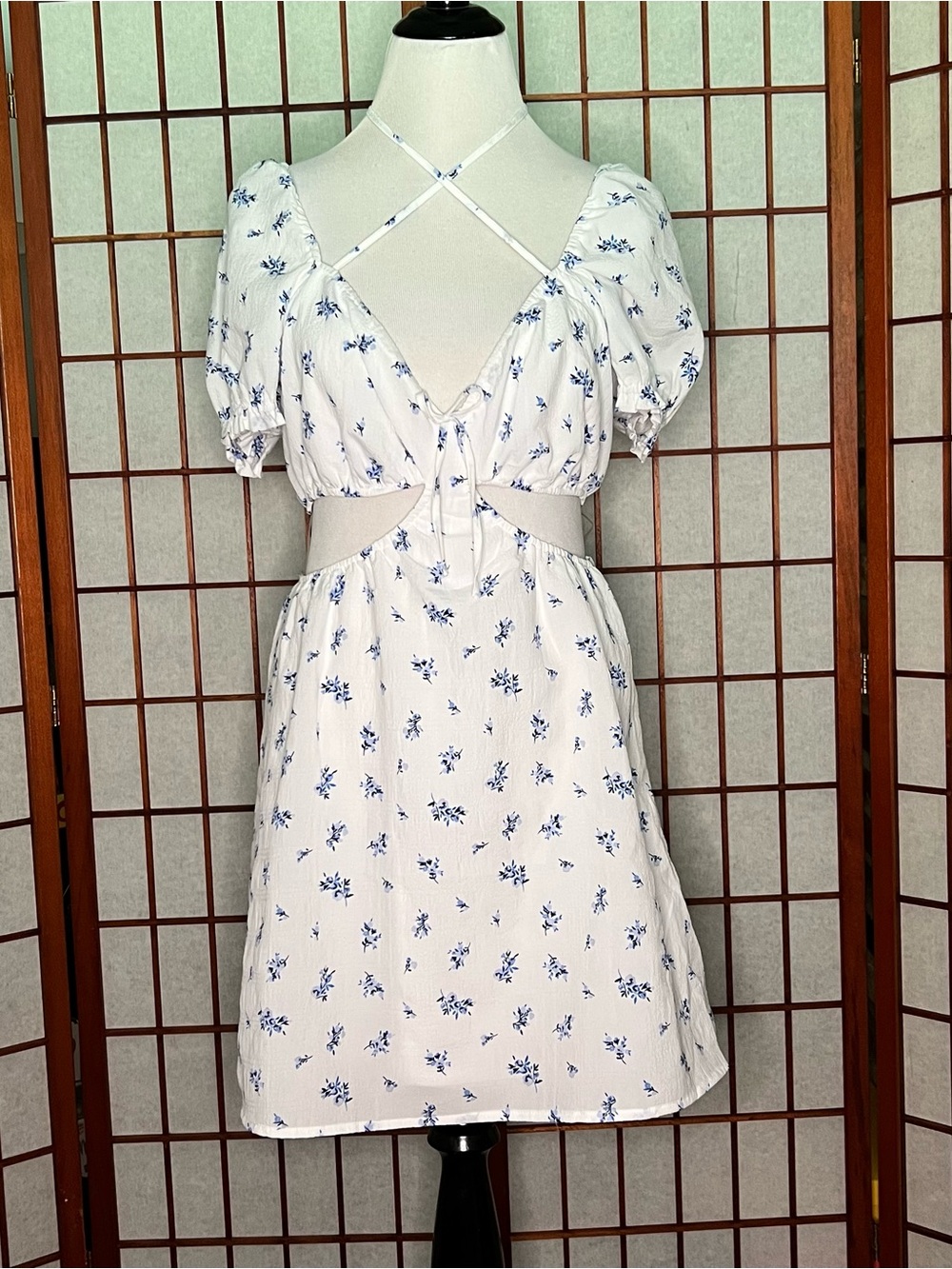 Divided White Mini Dress with Blue Floral Print